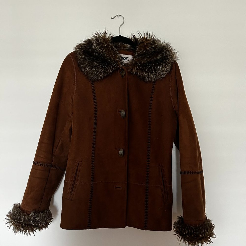 Vintage Faux Suede Shearling Fur Lined Brown Winter Coat
